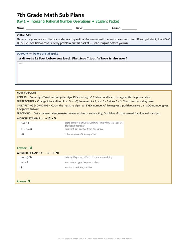 First page of the student packet